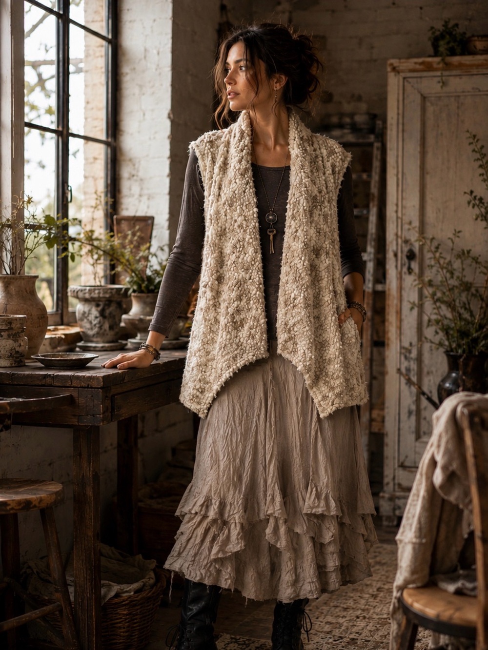 Kensie Cream Boucle Draped Sweater Vest XL Lagenlook Coastal Grandmacore